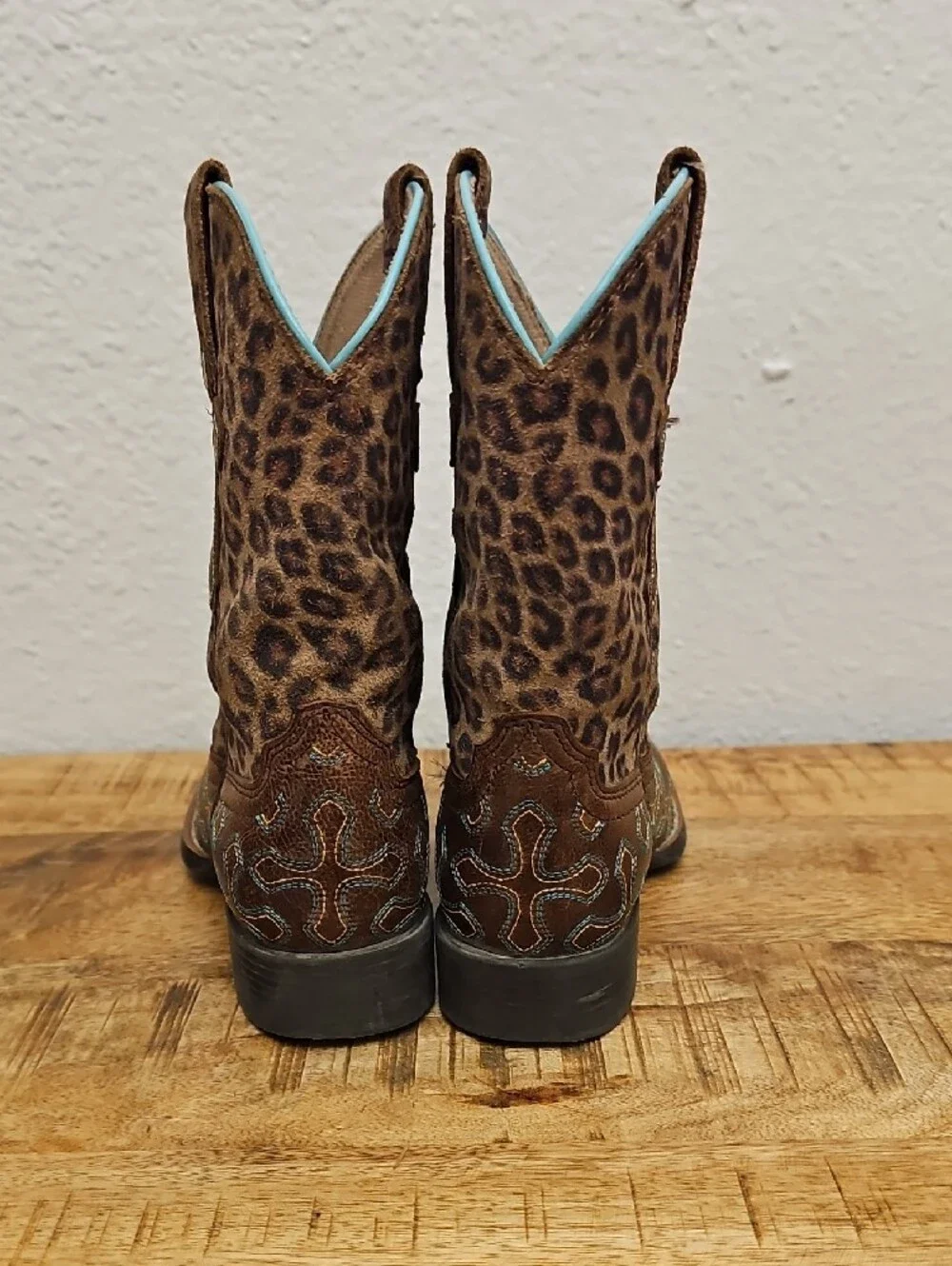 Ariat Brown Leopard-Print Kids Western Boots with Turquoise Trim